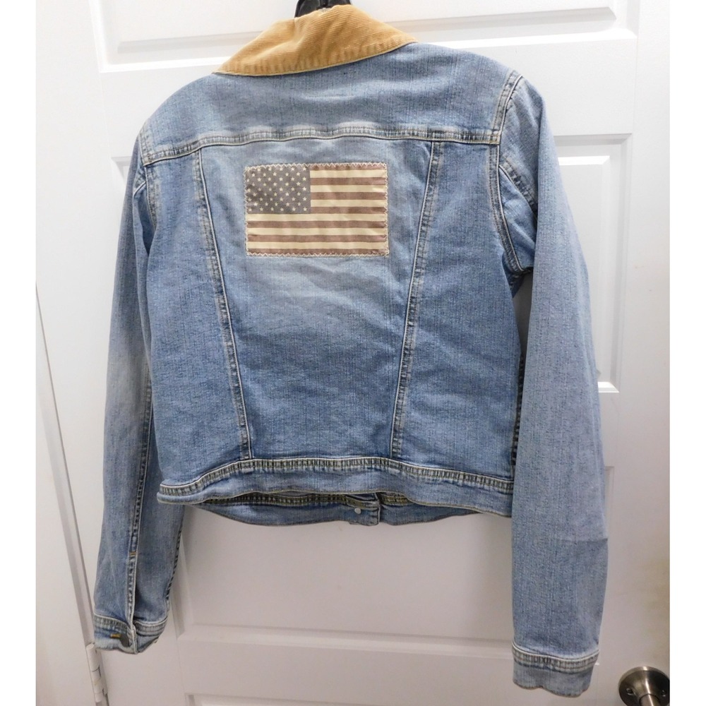 Vintage Polo Jeans Co Ralph Lauren Denim Jacket USA Flag Corduroy Collar sz L - Picture 3 of 6